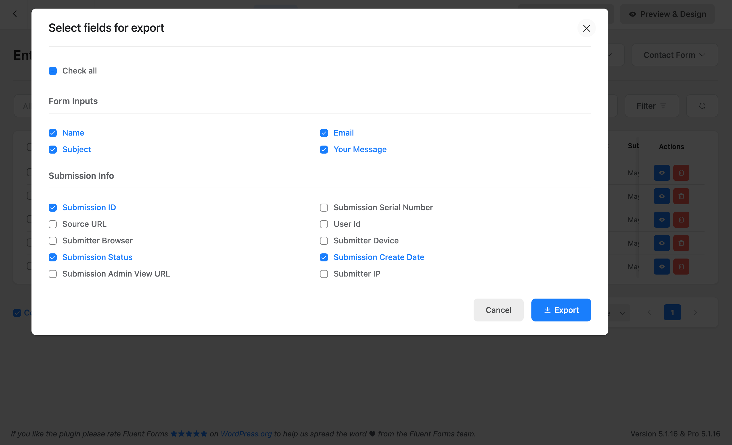 export entries via fluent forms